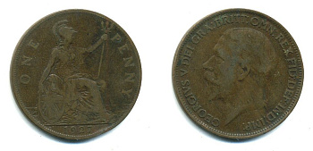 Великобритания 1 пенни 1927 Георг V (1910-1936) КМ 826, Spink 4054 бронза 41-925