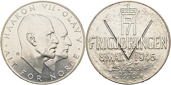 Норвегия 25 крон 1970 25 лет освобождения от фашизма KM 414 серебро 4552-1023