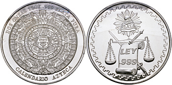 Мексика 2 унции ND АЦТЕКСКИЙ КАЛЕНДАРЬ, ВЕСЫ ПРАВОСУДИЯ, диаметр 48 ММ., ВЕС 2 ТРОЙСКИЕ УНЦИИ серебро PROOF 00-00