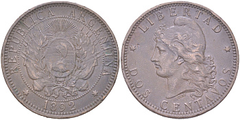 Аргентина 2 сентаво 1892 KM 33 бронза 4394-242