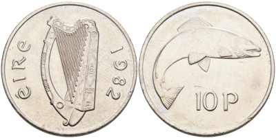 Ирландия 10 пенсов 1982 лосось KM 23 медно-никель 88-742