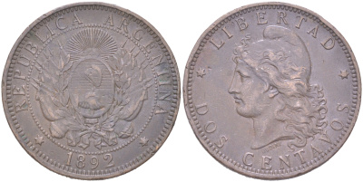 Аргентина 2 сентаво 1892 KM 33 бронза 4394-242