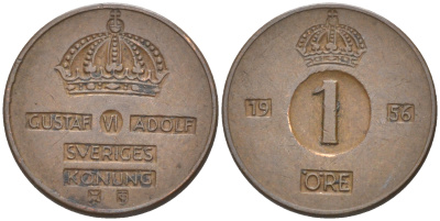 Швеция 1 эре 1956 TS, Густав VI Адольф (1950-1973) KM 820 бронза 112-128