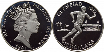 Соломоновы острова 10 долларов 1991 XXV Олимпийские игры 1992 года в Барселоне, бег KM 48 серебро PROOF 1077-2-43