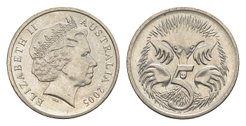 Австралия 5 центов 2005 Елизавета II (1952-2022), ехидна KM 401 медно-никель 4154-259