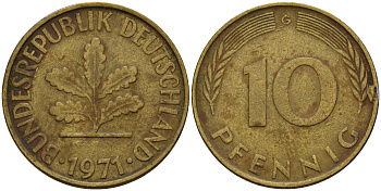 ФРГ 10 пфеннигов 1971 G J. 383, KM 108 сталь плакированная латунью    4603-353