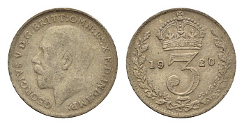 Великобритания 3 пенса 1920 Георг V (1910-1936) KM 813a, Spink 4016 серебро 4644-342