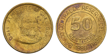 Перу 50 сентимо 1988 KM 295 латунь 4114-1147