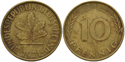 ФРГ 10 пфеннигов 1971 G J. 383, KM 108 сталь плакированная латунью    4603-353