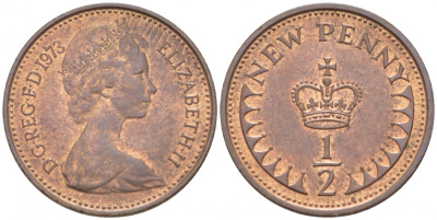 Великобритания 1/2 пенни 1973 Елизавета II (1952-2022) KM 914, Spink 4239 бронза 112-658