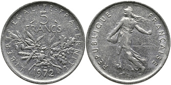 ФРАНЦИЯ 5 ФРАНКОВ 1972 СЕЯТЕЛЬ KM 926a.1, LE FRANC 341.4 медно-никель плакированный никелем 97-823