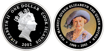 Острова Кука 1 доллар 2002 королева-мать, в оригинальной коробке, сертификат KM 437 серебро PROOF 2-4-2-09