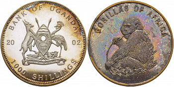 Уганда 1000 шиллингов 2002 гориллы Африки медно-никель, посеребренее PROOF 5010-122