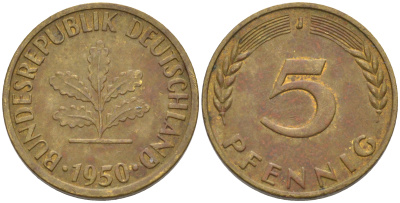 ФРГ 5 пфеннигов 1950 J KM 107, J. 382 сталь плакированная латунью 4514-144