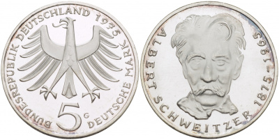 ФРГ 5 марок 1975 G, 100 лет со дня рождения Альберта Швейцара KM 143, J.418 серебро PROOF 650-1331