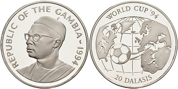 Гамбия 20 даласи 1994 чемпионат мира по футболу 1994 года в США, тираж 35000 экз. KM 15 серебро PROOF 1098-2-24
