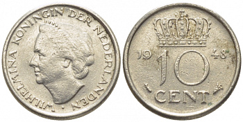 Нидерланды 10 центов 1948 Вильгельмина (1895-1948) KM 177 никель 112-219