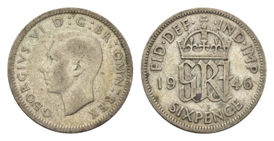 Великобритания 6 пенсов 1946 Георг VI (1936-1952) KM 852, Spink 4042 серебро 99-367