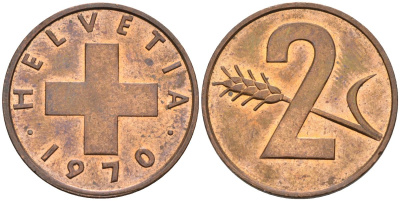 Швейцария 2 раппена 1970 KM 47 бронза UNC 4592-725