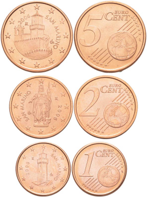 Сан-Марино лот из 3 монет 2006 1,2 и 5 евроцентов сталь плакированная медью UNC N4-68