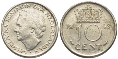 Нидерланды 10 центов 1948 Вильгельмина (1895-1948) KM 177 никель 112-219