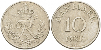 ДАНИЯ 10 ЭРЕ 1955 N; S, ФРЕДЕРИК IX (1947-1972) KM 841.1 медно-никель 3309-142
