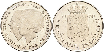 Нидерланды 2 1/2 гульдена 1980 коронация Беатрикс, 30 апреля 1980 KM 201 никель 4593-616
