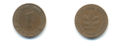ФРГ 1 ПФЕННИГ 1950 F KM 105, J.380 сталь плакированная медью 176-654