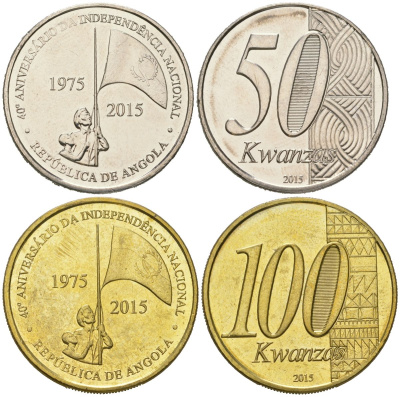 Ангола набор из 2 монет (50 и 100 кванз) 2015 40 лет независимости KM 112 и 113 сталь плакированная никелем и латунью UNC 4619-331-332