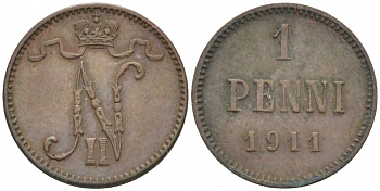 Россия для Финляндии 1 пенни 1911 Николай II (1894-1917) KM 13, Биткин 471 медь 4396-1349