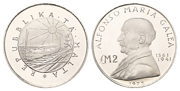 Мальта 2 лиры (фунта) 1975 Альфонсо Мария Галеа KM 31 серебро BU 270-545