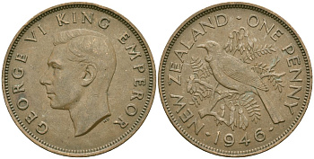 Новая Зеландия 1 пенни 1946 Птица Туи, Король Георг VI (1937 - 1952) KM 13 бронза 32-835