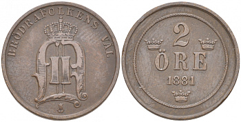 Швеция 2 эре 1881 Оскар II (1872-1907) король Швеции и Норвегии KM 746 (524) бронза 187-165