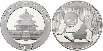 Китай 10 юаней 2015 сидящая панда KM NEW серебро BUNC 1080-4-44