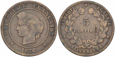 ФРАНЦИЯ 5 САНТИМОВ 1876 А, ТРЕТЬЯ РЕСПУБЛИКА (1871-1940) KM 821.1, LE FRANC 118.14 бронза 108-623