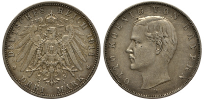 Бавария 3 марки 1911 Отто (1886-1913) Weege 45, J. 47, KM 515 серебро 3711-2041