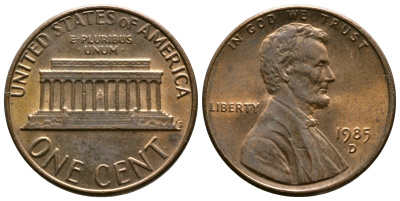 США 1 цент 1985 D, Линкольн KM 201b цинк плакированный медью    4608-368