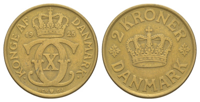 Дания 2 кроны 1925 HCN; GJ, Кристиан X (1912-1947) KM 825 алюминиевая бронза    115-412