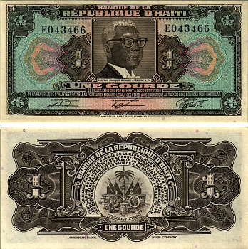 ГАИТИ 1 ГУРД 1979 (1980-1982) СЕРИЯ EO, ПРЕЗИДЕНТ ФРАНСУА ДЮВАЛЬЕ, ABNC, СВЕТИТСЯ В УЛЬТРАФИОЛЕТЕ Pick 230 бумага UNC (ПРЕСС) 2192-4-1-2