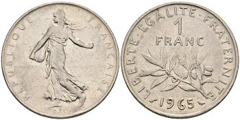 Франция 1 франк 1965 сеятель KM 925.1, Le Franc 226.9 никель 4391-1227