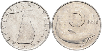 Италия 5 лир 1998 R, дельфин KM 92 алюминий  UNC  4594-927