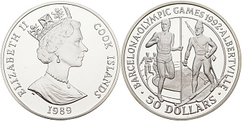 Острова Кука 50 долларов 1989 XXV летние Олимпийские игры 1992 года в Барселоне и XVI Зимние Олимпийские игры 1992 в Альбервиле KM 60 серебро PROOF 02-116-23