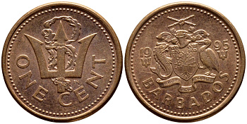 Барбадос 1 цент 1995 сломанный трезубец Британии KM 10а цинк плакированный медью 4396-1269
