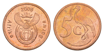 ЮАР 5 центов 2006 герб, райский журавль KM 486 сталь плакированная медью UNC 4380-112