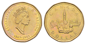 Канада 1 доллар 1992 125 лет Конфедерации Канада - Парламент KM 218 никель плакированная бронзой aUNC 4652-1156