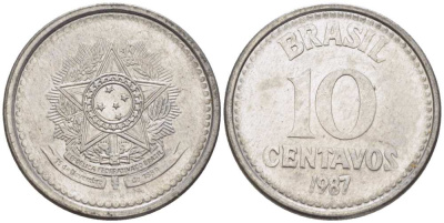 БРАЗИЛИЯ 10 СЕНТАВО 1987 РЕФОРМА 1986-1989 KM 602 нержавеющая сталь 100-359