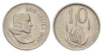 ЮАР 10 центов 1965 Ян ван Рибек (1619-1677), Suid Africa, легенда на африкаанс, цветок алоэ KM 68.2 никель 4702-453