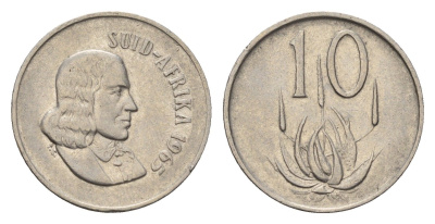 ЮАР 10 центов 1965 Ян ван Рибек (1619-1677), Suid Africa, легенда на африкаанс, цветок алоэ KM 68.2 никель 4702-453