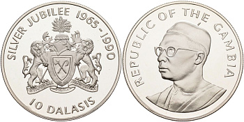 Гамбия 10 даласи 1990 25 лет независимости (1965-1990) KM 16 серебро PROOF 00-000