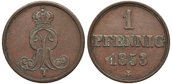 Ганновер 1 пфенниг 1853 B, Георг V KM 221, AKS 155, J. 83 медь 4594-251